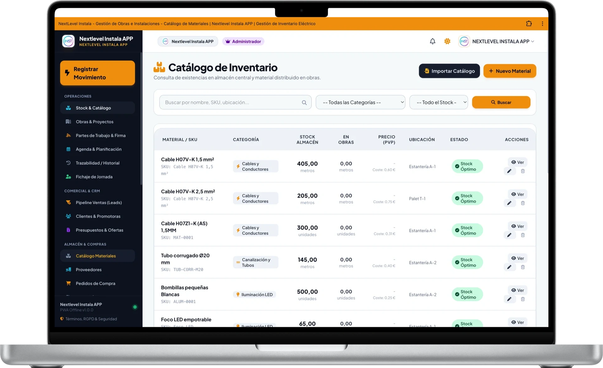 NextLevel Instala - Catálogo y control de inventario en MacBook Pro 16
